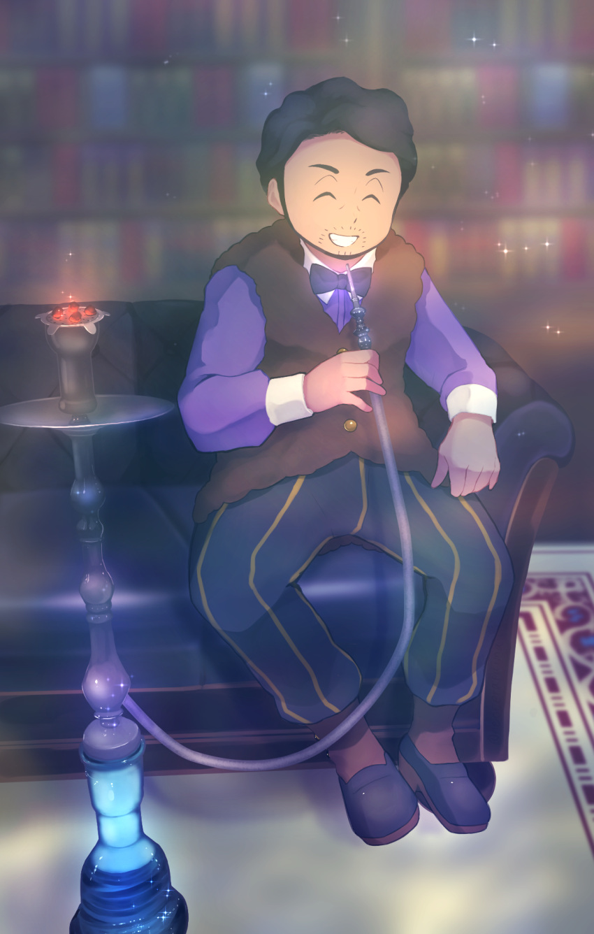 1boy black_hair bookshelf bow bowtie brown_vest buttons closed_eyes commentary_request couch facial_hair grin highres holding hookah indoors laventon_(pokemon) long_sleeves male_focus neocerapaima pants pokemon pokemon_(game) pokemon_legends:_arceus purple_shirt rug shirt shoes short_hair sitting smile smoke socks solo sparkle teeth vest