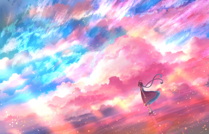 1girl ahoge arms_at_sides braid clouds cloudy_sky dress dutch_angle high_heels highres horizon light_particles light_rays long_hair looking_afar open_toe_shoes original sakimori_(hououbds) scenery sky sleeveless sleeveless_dress twin_braids wind
