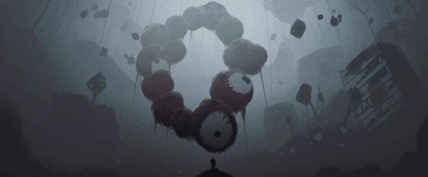 1other absurdres apocalypse asteroid_ill building creature eldritch_abomination expo2025 eyes flesh floating floating_object fog from_behind highres looking_at_another scenery silhouette