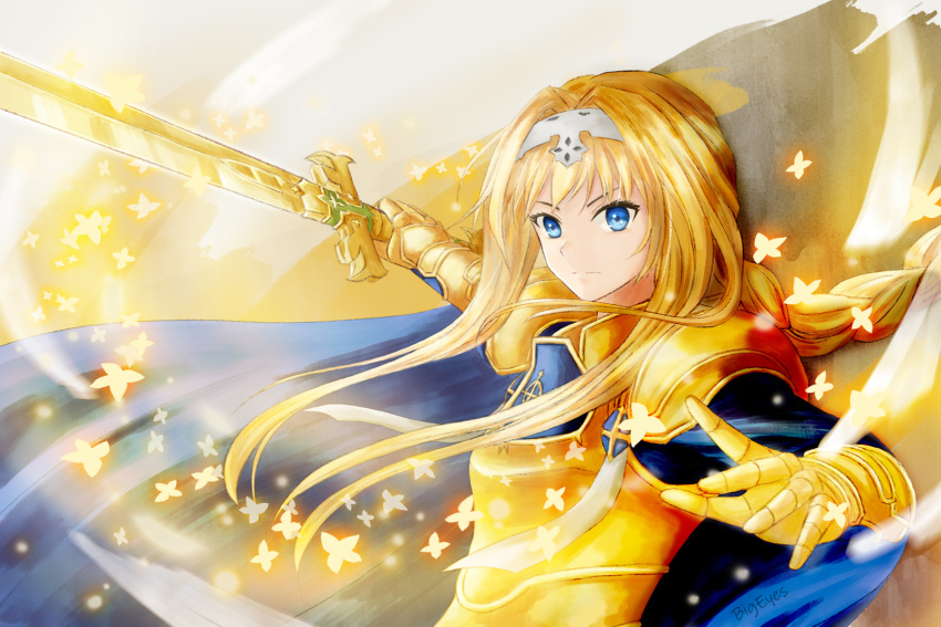 1girl alice_schuberg armor bangs bigeyes925 blue_cape blue_eyes blue_hair braid braided_ponytail breastplate cape closed_mouth floating_hair gauntlets hair_intakes hairband highres holding holding_sword holding_weapon long_hair osmanthus_blade shoulder_armor sidelocks solo spaulders sword sword_art_online upper_body very_long_hair weapon white_hairband
