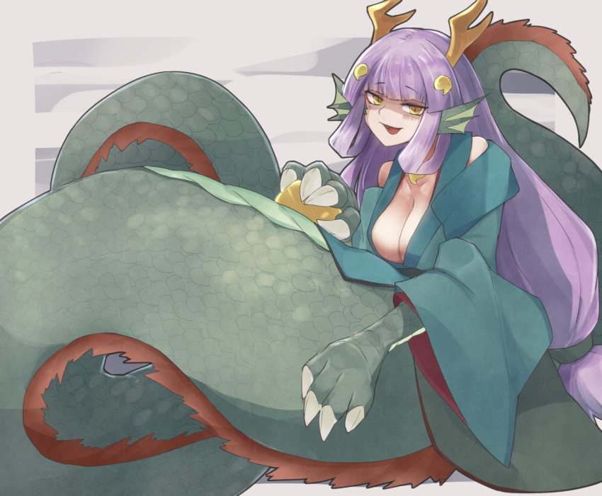 1girl alder animal_ears ball bare_shoulders blush breasts claws commentary_request dragon_ears dragon_girl dragon_horns dragon_wings from_behind fur head_fins holding holding_ball horns japanese_clothes lamia long_hair medium_breasts monster_girl monster_girl_encyclopedia purple_hair ryuu_(monster_girl_encyclopedia) scales solo tail wings yellow_eyes