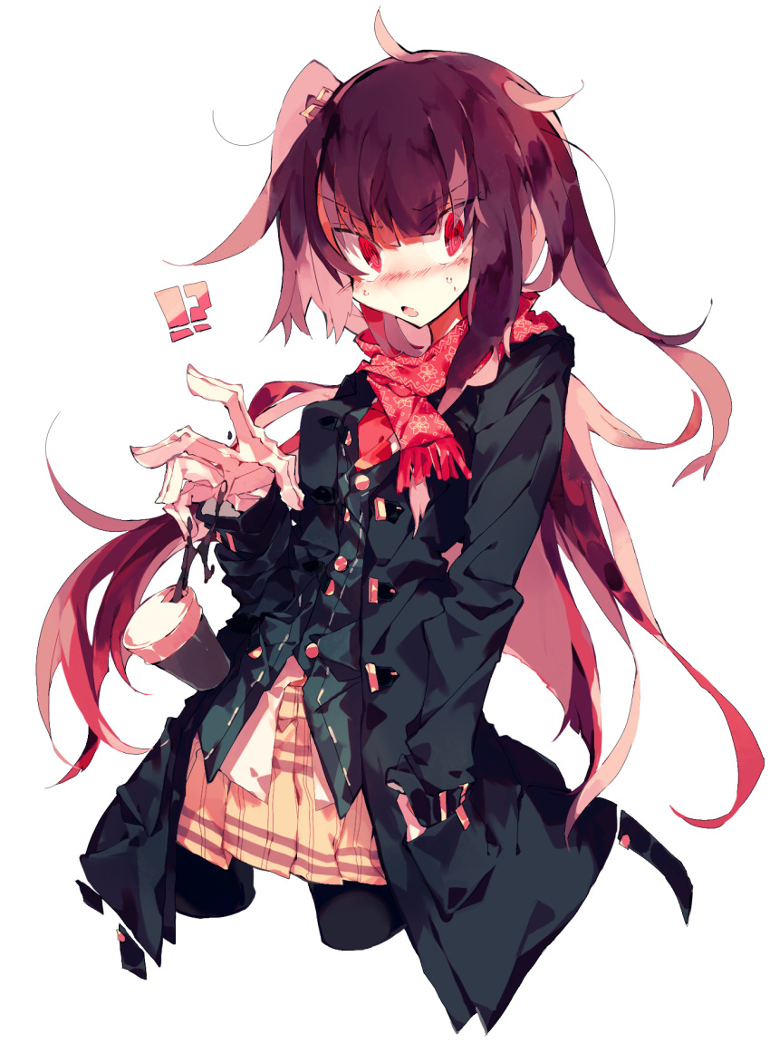 !? 1girl black_coat blush coat coffee commentary_request cowboy_shot cropped_legs cup disposable_cup dropping eyebrows_visible_through_hair eyes_visible_through_hair girls_frontline gloves hand_in_pocket highres long_hair looking_to_the_side meto_(metrin) one_side_up pleated_skirt purple_hair red_eyes red_neckwear red_scarf scarf simple_background skirt solo spiral_eyes sweatdrop trench_coat very_long_hair wa2000_(girls_frontline) white_background white_gloves yellow_skirt