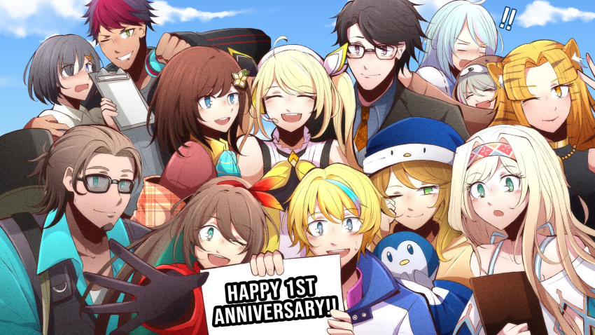 !! 4boys 6+girls amicia_michella anniversary azura_cecillia bonnivier_pranaja clouds dreamerrii english_text etna_crimson glasses hana_macchia highres holding holding_sign layla_alstroemeria miyu_ottavia multiple_boys multiple_girls nara_haramaung nijisanji nijisanji_id outstretched_arm rai_galilei riksa_dhirendra sign siska_leontyne sky smile taka_radjiman virtual_youtuber zea_cornelia