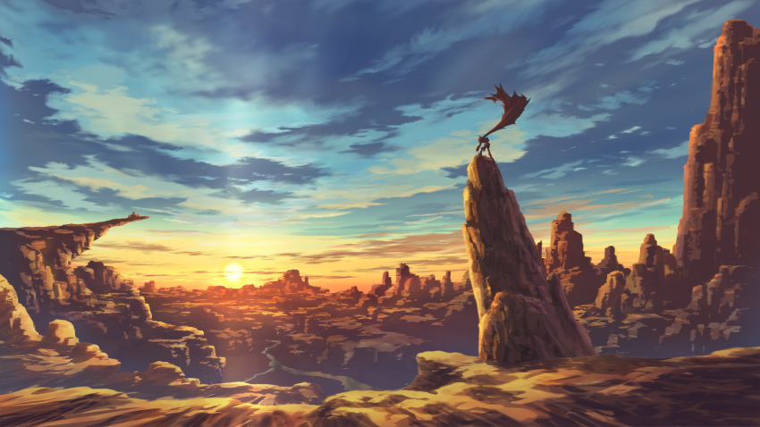 1boy armor black_armor cape castle cliff clouds gloves helmet highres knight knight_blazer male_focus mask no_humans scarf scenery solo sunset wild_arms wild_arms_2