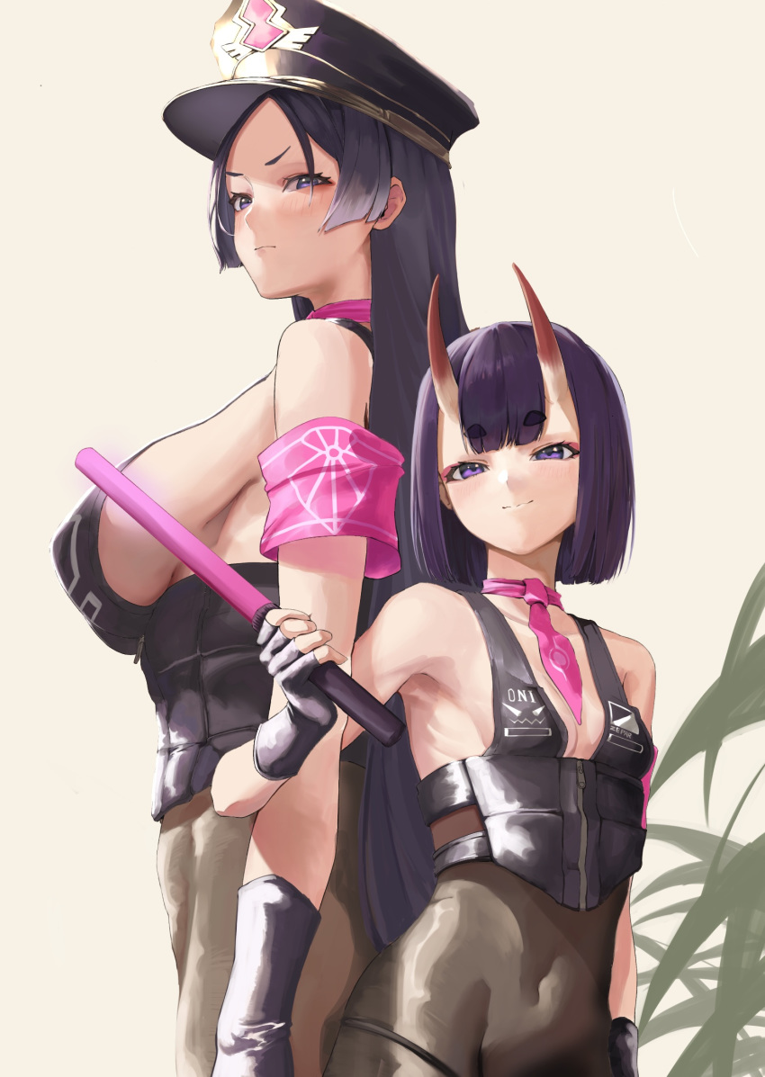 2girls armband bangs bare_shoulders bikini black_bikini black_gloves black_headwear black_legwear blush bob_cut breasts closed_mouth collarbone cosplay covered_navel fate/grand_order fate_(series) fingerless_gloves gloves halter_top halterneck hat height_difference highres horns large_breasts long_hair looking_at_viewer minamoto_no_raikou_(fate/grand_order) multiple_girls necktie oni oni_horns pantyhose parted_bangs pink_neckwear police_hat ponytail purple_hair sesshouin_kiara sesshouin_kiara_(swimsuit_mooncancer)_(fate) sesshouin_kiara_(swimsuit_mooncancer)_(fate)_(cosplay) short_eyebrows short_hair shuten_douji_(fate/grand_order) sideboob skin-covered_horns small_breasts smile swimsuit taino_kou traffic_baton very_long_hair violet_eyes