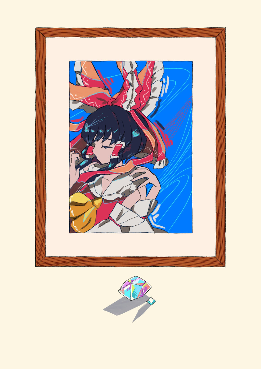 1girl absurdres bangs bare_shoulders beige_background bow brown_hair closed_eyes collared_shirt crystal frilled_bow frilled_shirt_collar frills gem hair_bow hair_tubes hakurei_reimu half_updo highres medium_hair neruzou nontraditional_miko picture_(object) picture_frame red_bow red_shirt shirt sidelocks sleeveless sleeveless_shirt solo touhou yellow_neckwear