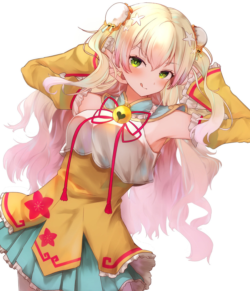 1girl :p armpits arms_up blonde_hair chinese_clothes detached_sleeves green_eyes hair_between_eyes highres hololive long_hair looking_at_viewer momosuzu_nene simple_background solo tongue tongue_out virtual_youtuber white_background