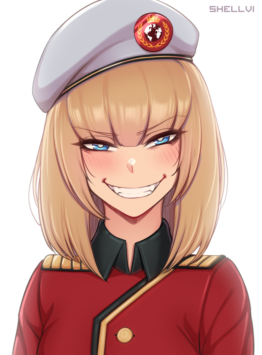 1girl absurdres artist_name bangs beret blue_eyes blunt_bangs blush commentary commission copyright_request evil_grin evil_smile eyebrows_visible_through_hair face fangs grey_background grey_headwear grin half-closed_eyes hat highres jacket looking_at_viewer military military_hat military_uniform red_jacket shellvi smile solo uniform wing_collar