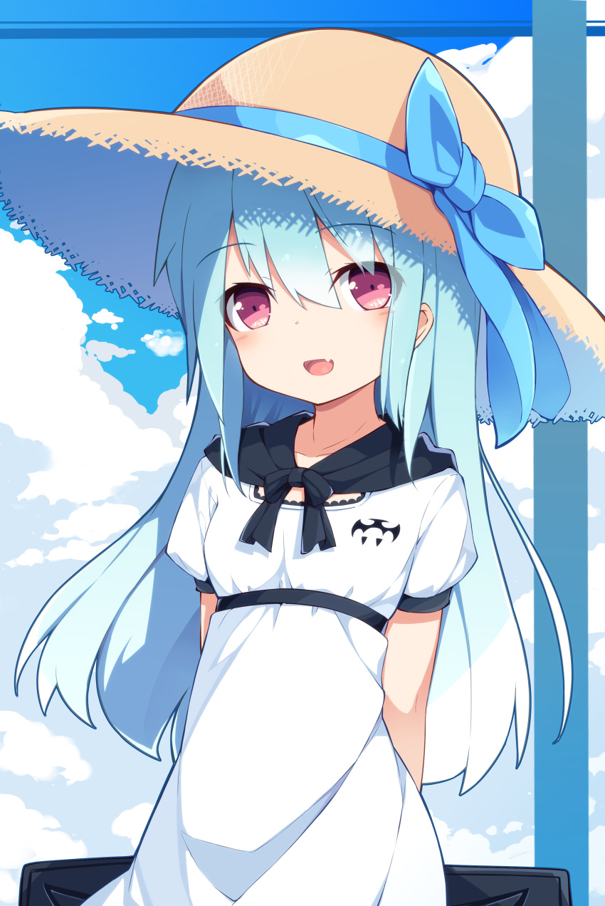 1girl absurdres bangs blue_hair blush child dress eyebrows_visible_through_hair fang hat highres long_hair masaki_(machisora) open_mouth original red_eyes solo white_dress