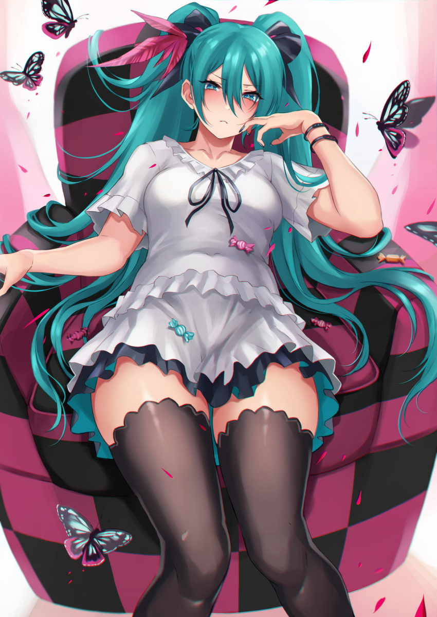 1girl aqua_eyes aqua_hair black_legwear blush bracelet bug butterfly candy chair commentary food frown hair_between_eyes hatsune_miku higano_(ktnc7452) highres insect jewelry long_hair nail_polish pink_background shirt sitting skirt solo thigh-highs twintails very_long_hair vocaloid white_shirt white_skirt world_is_mine_(vocaloid)