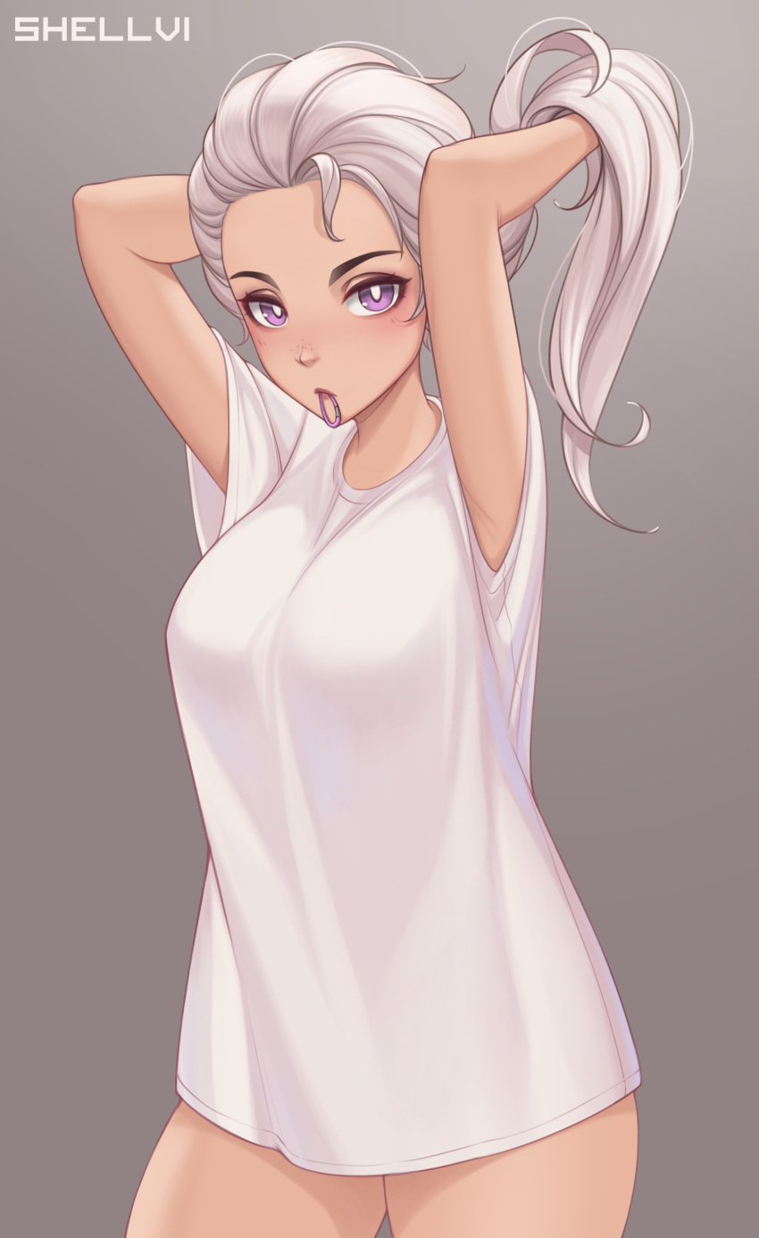1girl absurdres adjusting_hair armpits arms_up artist_name breasts cowboy_shot expressionless grey_background hair_tie hair_tie_in_mouth hands_in_hair highres large_breasts long_hair looking_at_viewer mouth_hold original shellvi shirt short_sleeves solo tying_hair violet_eyes white_shirt