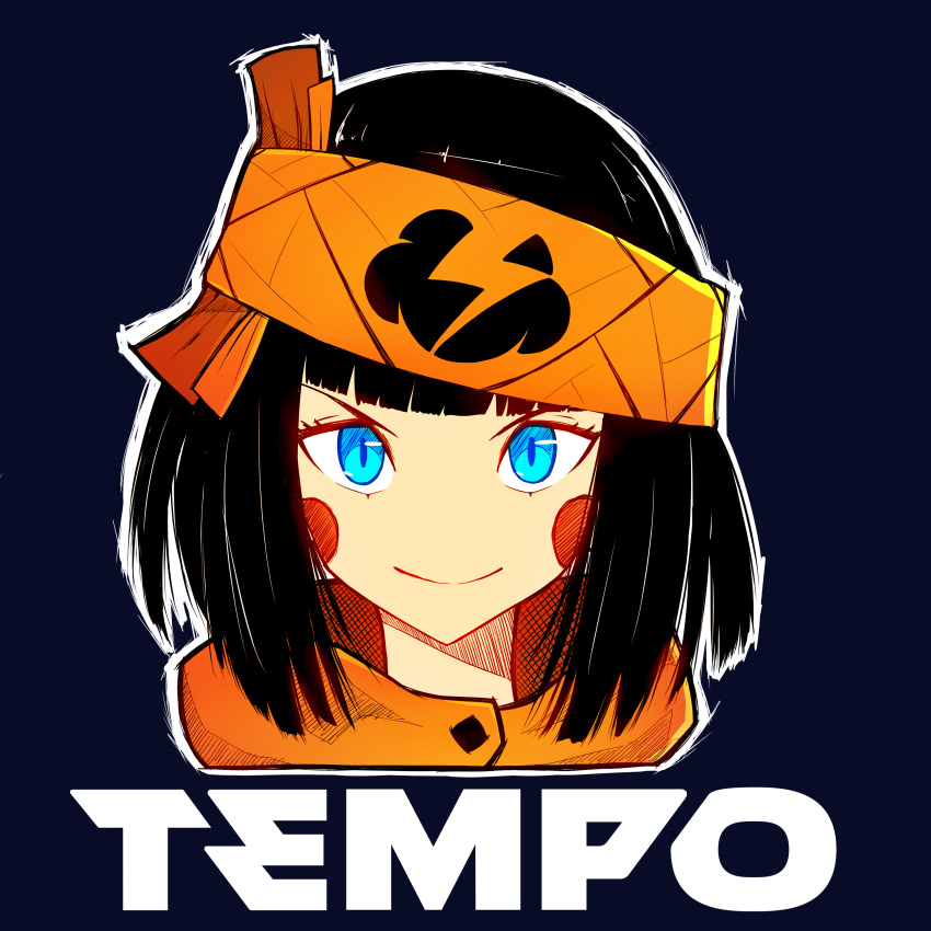 1girl absurdres bangs black_hair blue_background blue_eyes blunt_bangs blush_stickers chloe_(srgrafo) commentary english_commentary english_text face fashion headband highres hood hood_down orange_headband orange_hoodie original outline product_placement short_hair slit_pupils smile solo srgrafo