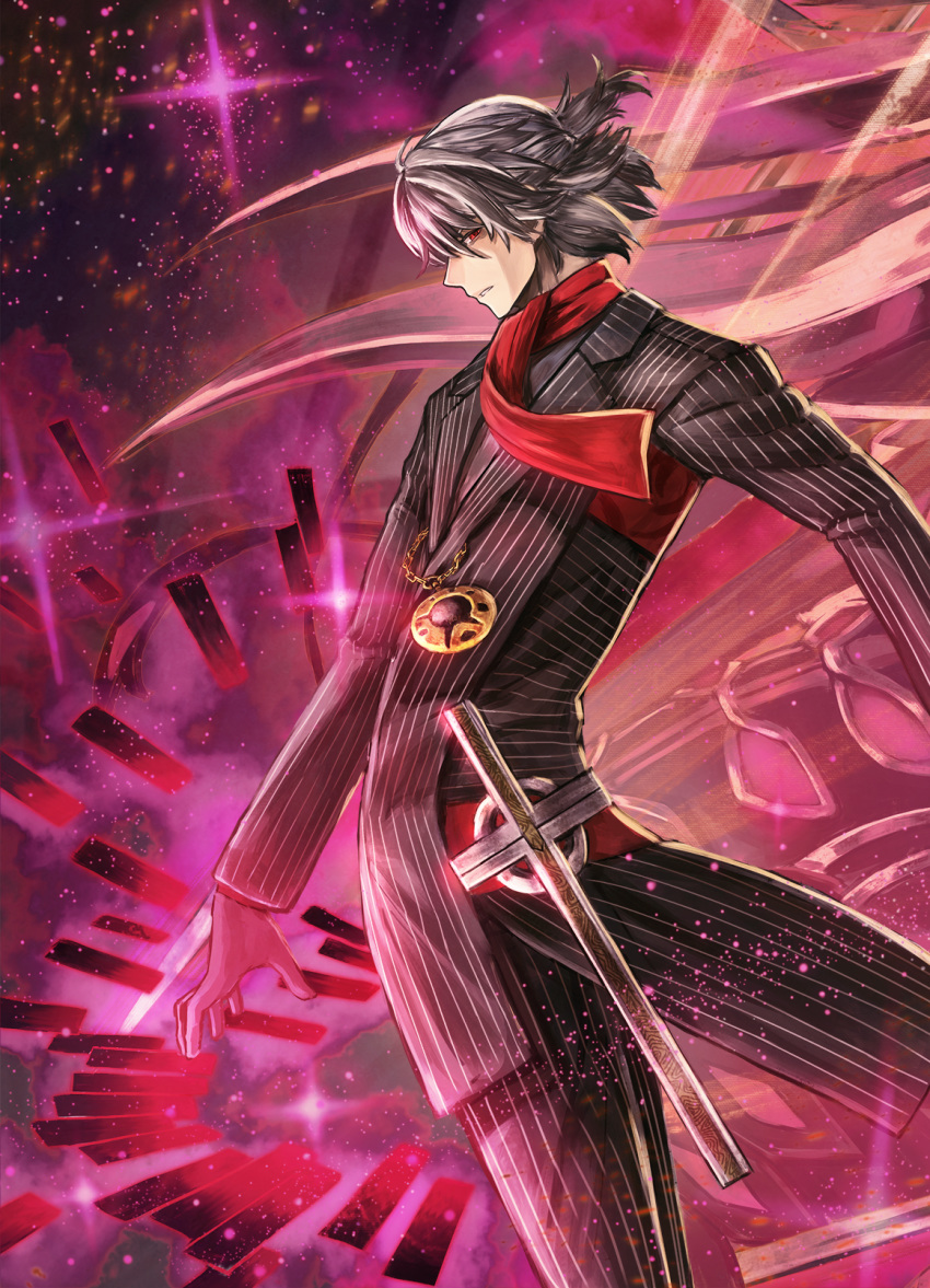 1boy antonio_salieri_(fate/grand_order) black_gloves black_jacket black_pants collared_shirt cravat cross fate/grand_order fate_(series) formal gloves highres jacket jewelry kuroi_susumu long_sleeves looking_at_viewer male_focus necklace neckwear pants pinstripe_pattern red_neckwear shirt short_hair silver_hair solo striped suit white_hair white_shirt