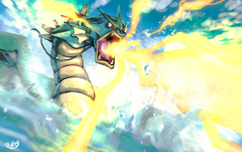 attack clouds commentary_request day energy fangs gen_1_pokemon gyarados kaosu_(kaosu0905) no_humans open_mouth outdoors pokemon red_eyes signature sky tongue water
