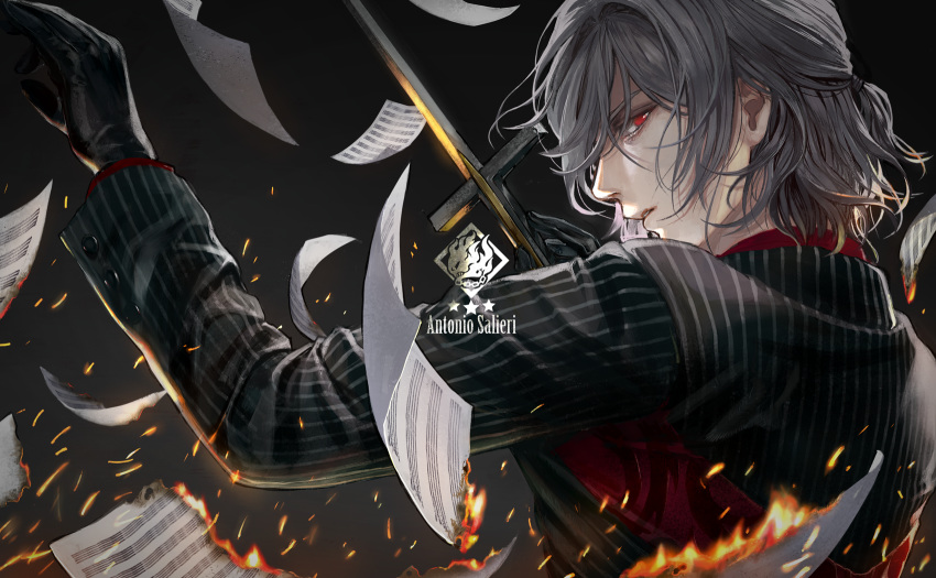 1boy a_la_votre antonio_salieri_(fate/grand_order) black_background black_gloves black_jacket character_name collared_shirt cravat fate/grand_order fate_(series) fire formal gloves highres holding jacket long_sleeves looking_at_viewer male_focus neckwear pinstripe_pattern red_eyes red_neckwear shirt short_hair silver_hair simple_background solo striped suit upper_body white_hair white_shirt
