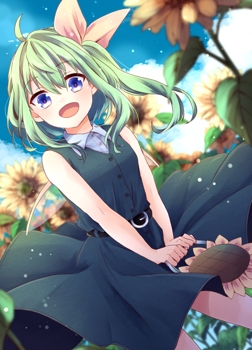 1girl absurdres adapted_costume ahoge bag belt blurry blurry_foreground blush bow breasts casual clouds contemporary daiyousei depth_of_field dress dutch_angle fairy_wings flower green_hair hair_bow handbag happy highres kuromame_(8gou) leaning_forward light_particles long_hair looking_at_viewer open_mouth side_ponytail skirt skirt_lift sky sleeveless sleeveless_dress small_breasts smile solo sunflower texture touhou v_arms violet_eyes wind wings