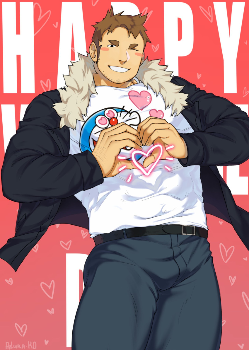 1boy asura_(russian) bara black_eyes blush borrowed_character brown_hair bulge coat covered_abs facial_hair heart heart_hands highres male_focus manly muscle one_eye_closed original pants shirt short_hair sideburns solo thick_thighs thighs upper_body valentine