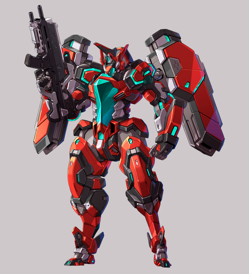 clenched_hand grey_background gun highres holding holding_gun holding_weapon joints looking_down mecha no_humans original robot_joints solo standing taedu visor weapon