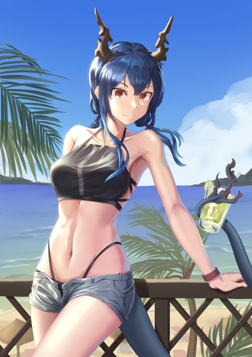 1girl absurdres argus_(argus86998927) arknights bangs bare_arms bare_shoulders beach bikini black_bikini blue_hair blue_sky breasts ch'en_(arknights) chinese_commentary clouds commentary_request cowboy_shot day dragon_horns dragon_tail grey_shorts halterneck highleg highleg_bikini highres horns long_hair looking_at_viewer medium_breasts navel ocean open_fly prehensile_tail railing red_eyes short_shorts shorts sky solo standing stomach swimsuit tail thighs water