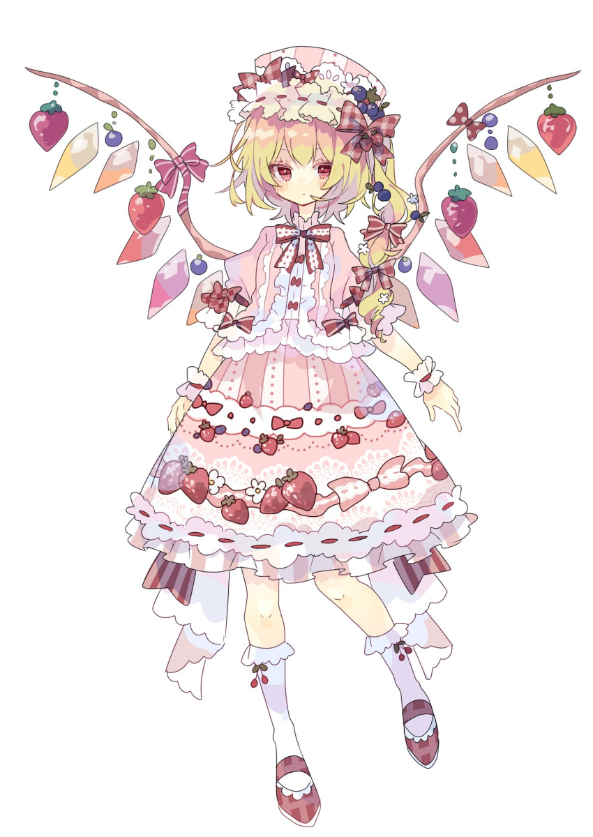 1girl blonde_hair blueberry blush bow bowtie checkered_footwear cherry crystal expressionless flandre_scarlet flower food frilled_legwear frilled_skirt frills fruit full_body gothic_lolita hair_flower hair_ornament hair_ribbon hat highres kneehighs lolita_fashion looking_at_viewer mary_janes mob_cap neck_ribbon nikorashi-ka pink_vest puffy_short_sleeves puffy_sleeves red_bow red_eyes red_footwear red_ribbon ribbon ribbon-trimmed_skirt ribbon_trim shoes short_sleeves side_ponytail simple_background skirt solo standing standing_on_one_leg strawberry striped striped_bow striped_ribbon symbol_commentary touhou vest white_background white_legwear wings wrist_cuffs