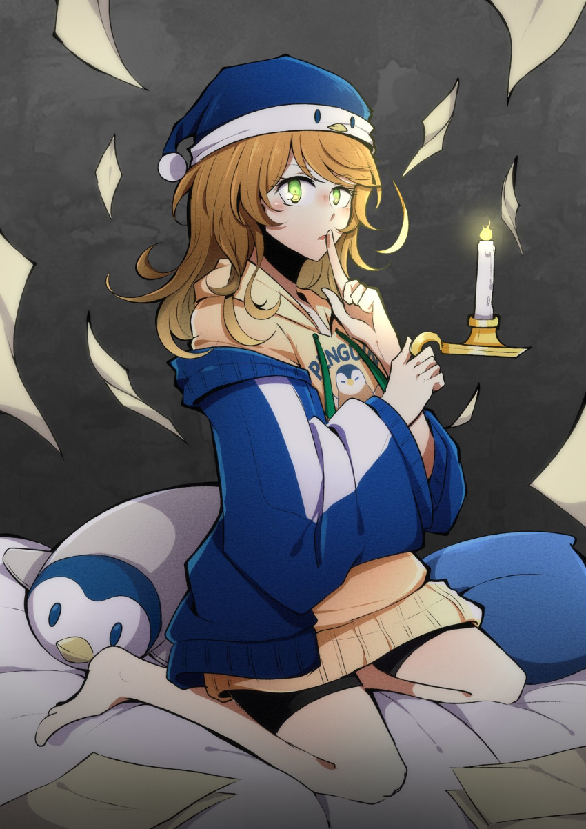 1girl amicia_michella brown_hair candle dreamerrii finger_to_mouth green_eyes hat highres holding_candle hood hoodie nijisanji nijisanji_id off-shoulder_jacket paper parted_lips penguin_hat shorts sitting solo stuffed_animal stuffed_penguin stuffed_toy virtual_youtuber