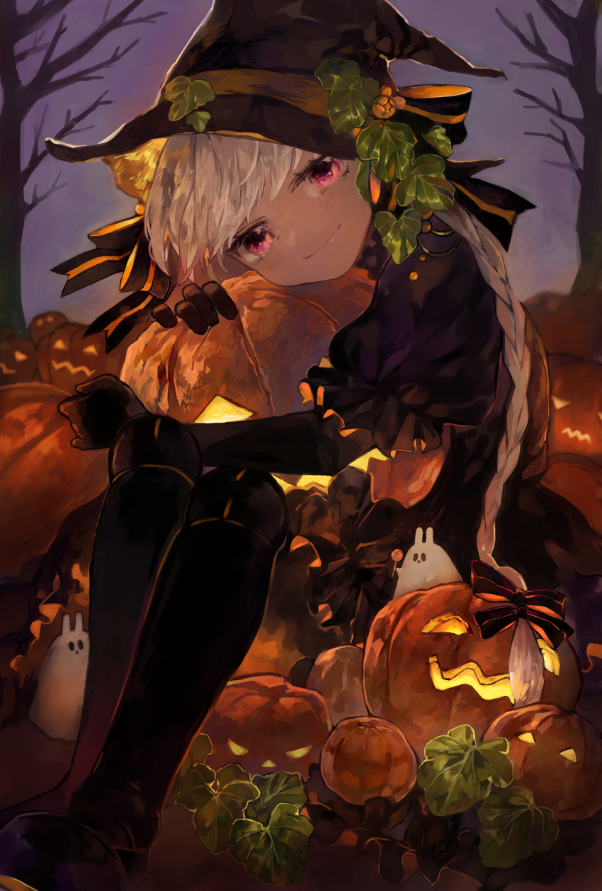 0803mm alternate_costume black_bow black_dress black_footwear black_gloves black_headwear bow braid braided_ponytail dress elbow_gloves fate/grand_order fate_(series) food gloves halloween halloween_costume hat highres looking_at_viewer nursery_rhyme_(fate/extra) puffy_sleeves pumpkin short_sleeves silver_hair sitting smile violet_eyes white_hair witch_costume witch_hat