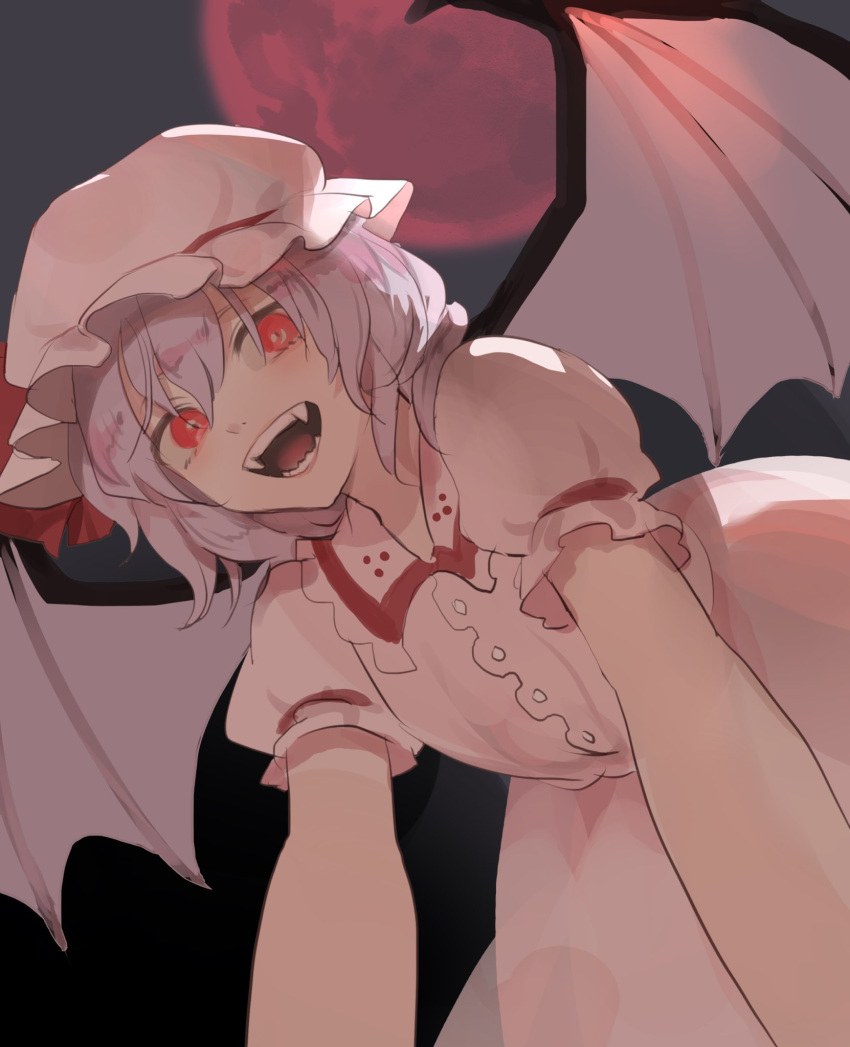 1girl bat_wings collar collared_dress commentary_request constricted_pupils dress dress_shirt fangs frilled_collar frills from_below full_moon hat highres joniko1110 lavender_hair leaning_forward leaning_on_person mob_cap moon night open_mouth outstretched_arms pink_dress puffy_short_sleeves puffy_sleeves red_eyes red_moon remilia_scarlet sharp_teeth shirt short_hair short_sleeves silver_hair sky solo spread_wings teeth touhou wings