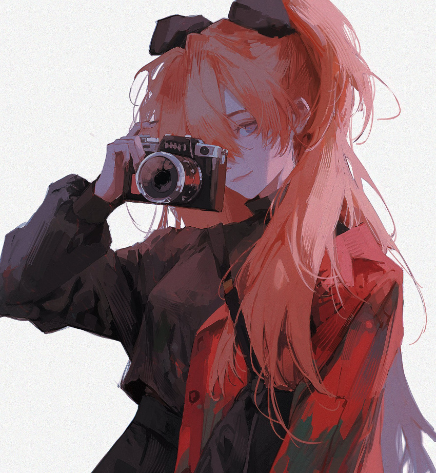 1girl 96yottea black_ribbon black_skirt blue_eyes breasts camera coat hair_between_eyes hair_ornament hair_over_shoulder hair_ribbon highres holding holding_camera light_smile long_bangs long_hair long_sleeves looking_at_viewer medium_breasts messy_hair neon_genesis_evangelion open_clothes open_coat orange_hair pleated_skirt realistic red_coat ribbon sidelocks simple_background skirt smile solo souryuu_asuka_langley taking_picture twintails white_background
