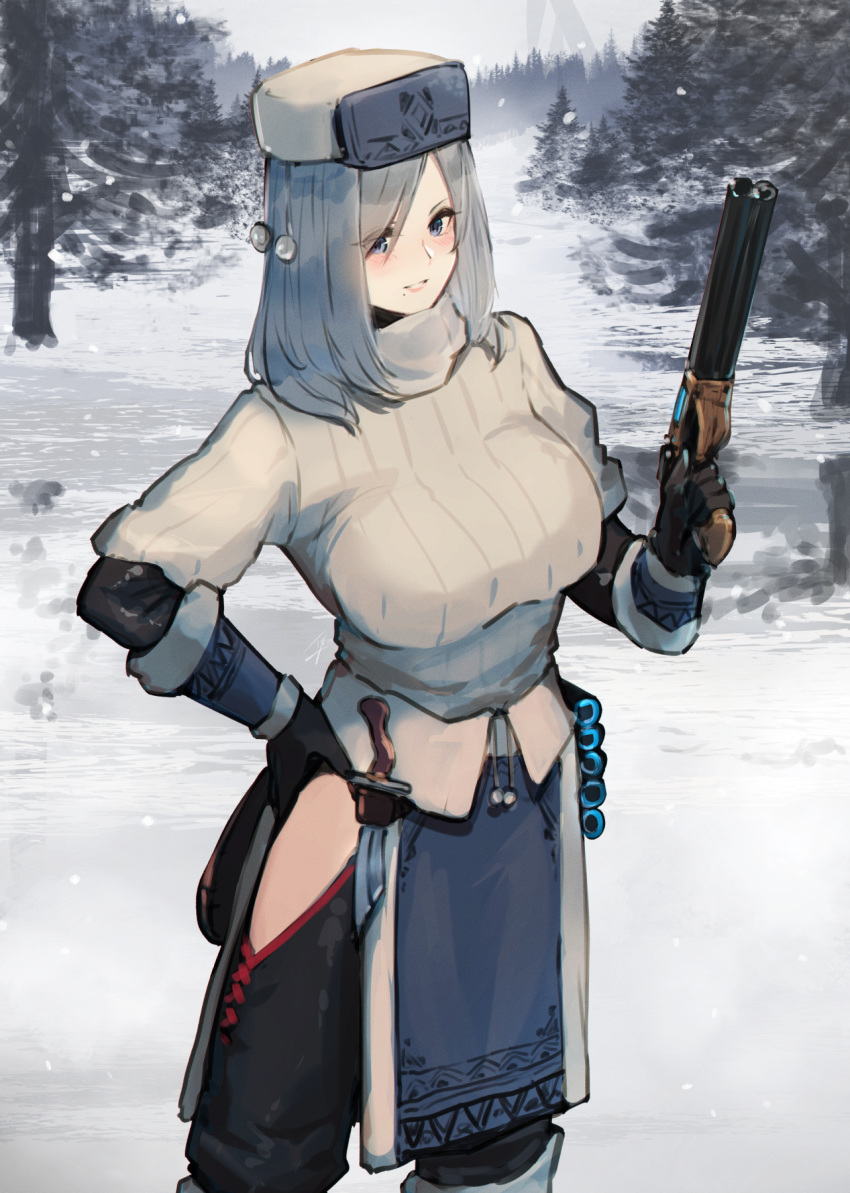 1girl black_gloves black_legwear breasts dagger day elbow_gloves gloves grey_hair gun hand_on_hip hat hayabusa highres holding holding_gun holding_weapon large_breasts medium_hair original outdoors ribbed_sweater solo standing sweater weapon winter