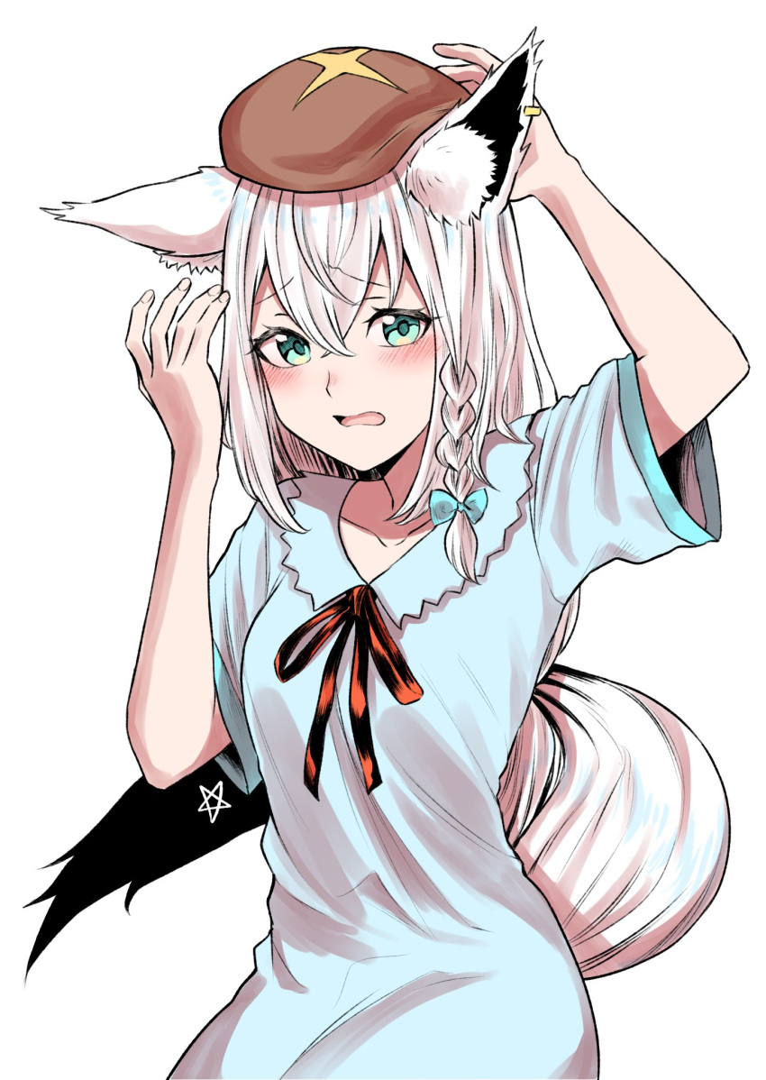1girl animal_ear_fluff animal_ears beret braid commentary_request dress earrings eyebrows_visible_through_hair fox_ears fox_girl fox_tail green_dress green_eyes hair_between_eyes hair_ribbon hand_behind_head hat highres hololive jewelry looking_at_viewer pentagram ribbon sheep1733 shirakami_fubuki short_sleeves simple_background single_braid solo tail virtual_youtuber white_background white_hair