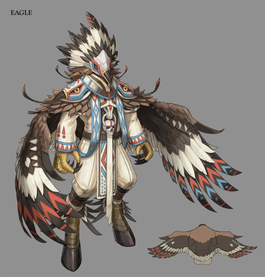 1boy armor bird brown_hair eagle english_text feathered_wings feathers grey_background highres hooves kahill male_focus mask medium_hair monster_boy monster_girl original pauldrons shoulder_armor simple_background skull sleeves_past_wrists solo standing talons tribal wings