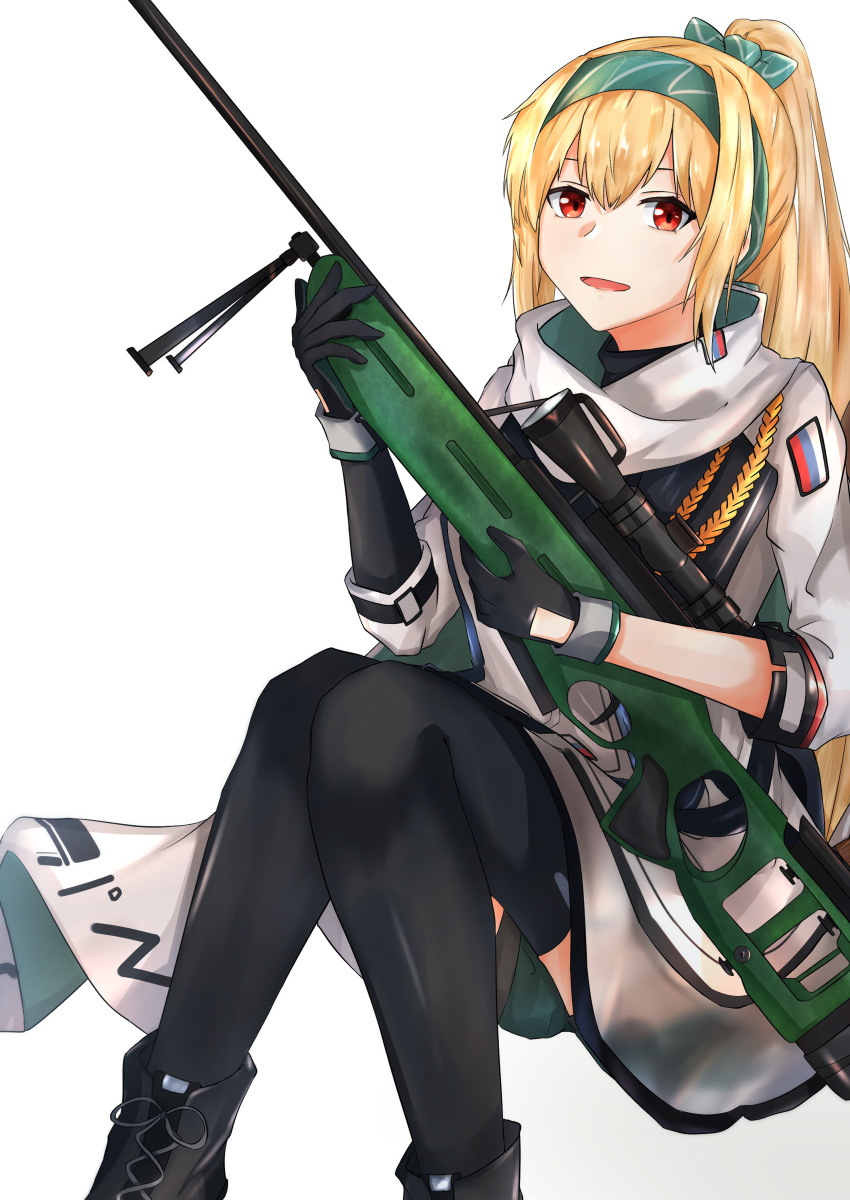 1girl absurdres assault_rifle black_footwear black_gloves black_legwear blonde_hair boots eyebrows_visible_through_hair girls_frontline gloves green_ribbon gun hair_ribbon hairband hand_on_weapon highres holding holding_weapon huge_filesize jacket long_hair looking_at_viewer military military_uniform muteppona_hito open_mouth red_eyes ribbon rifle russian_flag sitting sitting_on_floor solo sv-98 sv-98_(girls_frontline) thigh-highs uniform weapon white_background white_jacket