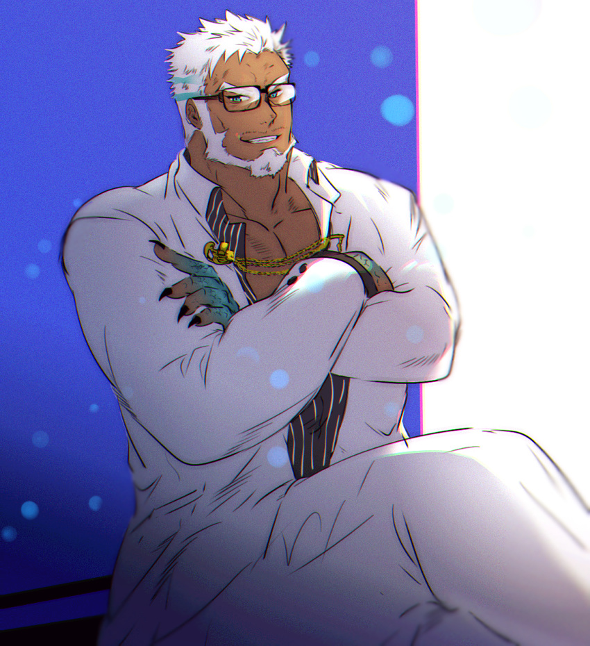 1boy aegir_(tokyo_houkago_summoners) bara beard blue_eyes chest crossed_arms crossed_legs dark_skin dark_skinned_male facial_hair fingernails fins glasses highres jewelry looking_at_viewer male_focus manly muscle open_clothes pants pectorals short_hair smile solo suku tokyo_houkago_summoners upper_body white_hair white_pants