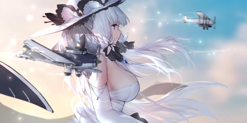 1girl aircraft azur_lane bangs blue_eyes blue_sky breasts clouds dress elbow_gloves flight_deck floating_hair gloves hair_ribbon hat highres illustrious_(azur_lane) lace_trim large_breasts long_hair looking_away ribbon sky smile solo strapless strapless_dress sun_hat swd3e2 tress_ribbon white_dress white_gloves white_hair white_headwear