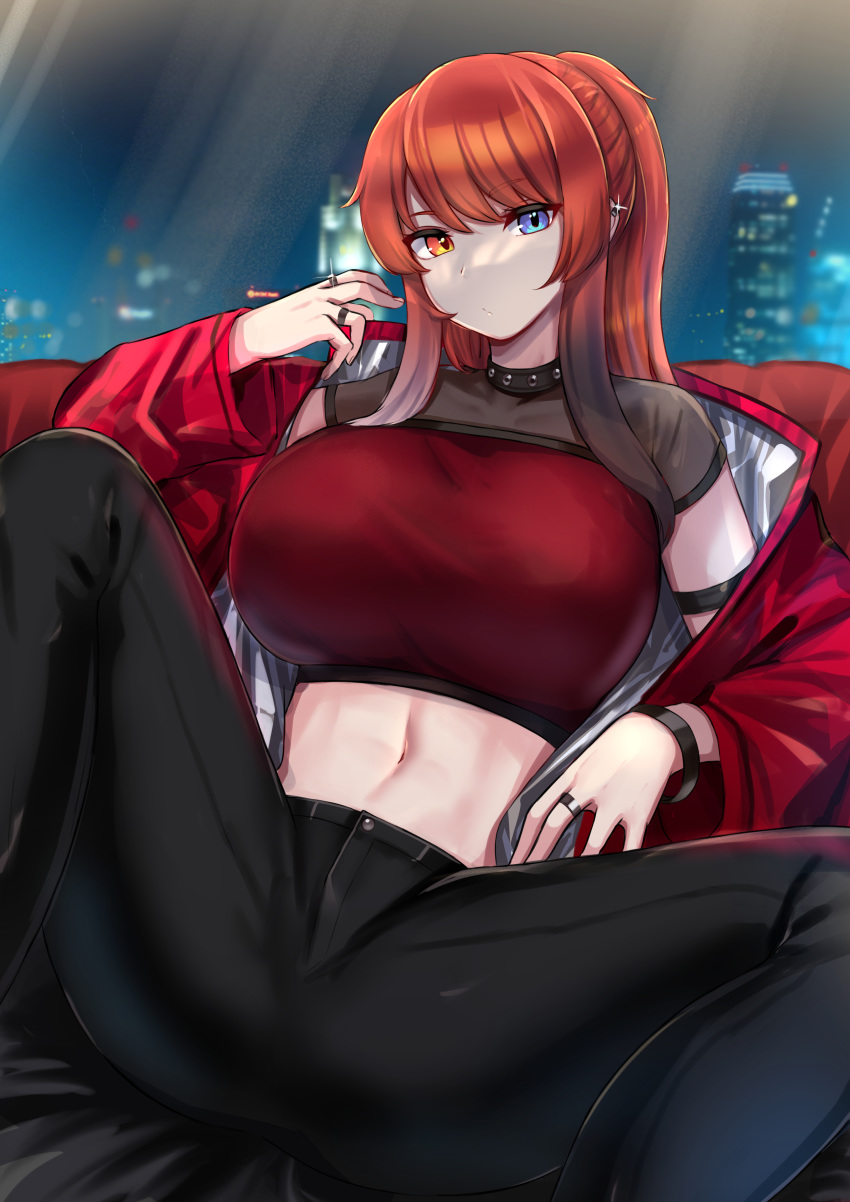 1girl absurdres arm_strap bangs black_collar black_pants blue_eyes breasts building city city_lights closed_mouth collar commentary commission couch covered_collarbone crop_top ear_piercing eyebrows_visible_through_hair glint heterochromia highres huge_breasts jacket kanta_(kanta_077) long_sleeves looking_at_viewer midriff multiple_rings navel night night_sky off-shoulder_jacket original pants piercing red_eyes red_jacket red_shirt redhead see-through shirt shrug_(clothing) sidelocks sitting sky skyline skyscraper solo window wristband