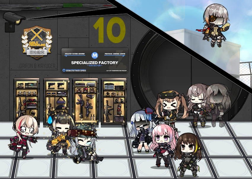 &gt;_&lt; 404_(girls_frontline) 6+girls assault_rifle bangs beret black_gloves black_jacket black_legwear blonde_hair blunt_bangs blush_stickers braid brown_eyes brown_hair cabinet camera chibi closed_eyes closed_mouth english_commentary english_text eyepatch facepalm fingerless_gloves g11_(girls_frontline) ghost girls_frontline gloves grey_hair gun hair_between_eyes hair_ornament hairclip handgun hat headgear hk416_(girls_frontline) holding holding_phone indoors jacket knife long_hair m16a1_(girls_frontline)_(boss) m4_carbine m4_sopmod_ii_(girls_frontline) m4a1_(girls_frontline) mask mod3_(girls_frontline) mole mole_under_eye multicolored_hair multiple_girls one_side_up open_mouth outdoors pantyhose phone pink_hair pistol redhead ribbon rifle ro635_(dinergate) ro635_(girls_frontline) sangvis_ferri scar scar_across_eye shirt sidelocks silver_hair skirt sleeping smile st_ar-15_(girls_frontline) streaked_hair submachine_gun the_mad_mimic thigh-highs twintails ump40_(girls_frontline) ump45_(girls_frontline) ump9_(girls_frontline) violet_eyes watery_eyes weapon