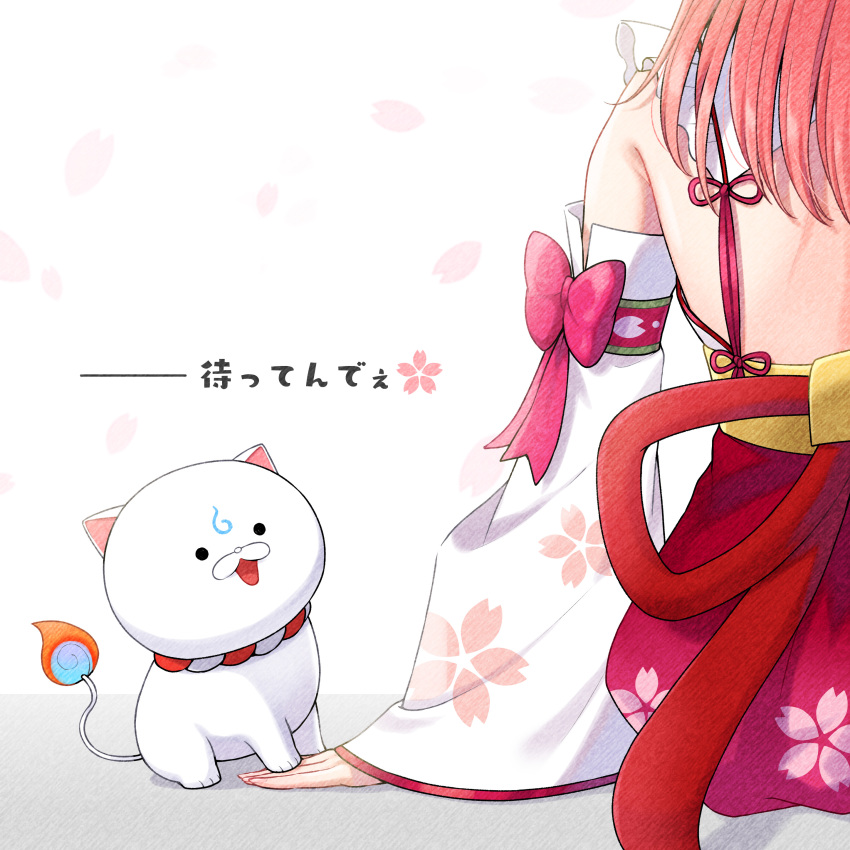 1girl 35p_(miko_channel) absurdres cherry_blossom_print cherry_blossoms commentary_request detached_sleeves floral_print highres hololive looking_at_another nontraditional_miko obi out_of_frame petals pink_hair sakura_miko sash simple_background sitting tomozu translation_request virtual_youtuber white_background
