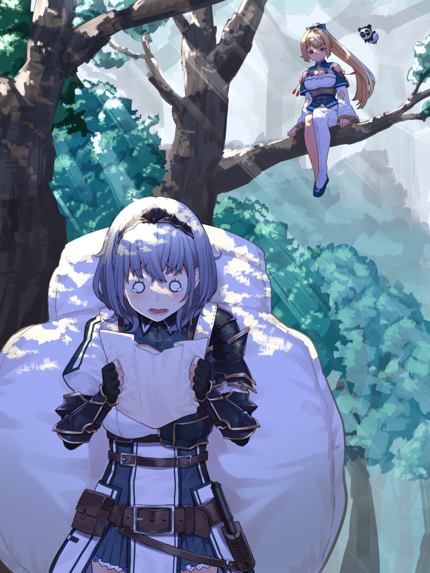 2girls armor backpack bag bangs belt black_gloves blonde_hair blue_collar blush breasts collar dark_skin detached_sleeves elf fingerless_gloves floating gloves gold_trim hair_between_eyes headdress high_ponytail highres holding holding_map hololive hololive_fantasy holstered_weapon in_tree kintsuba_(flare_channel) long_hair mace map mikan_(chipstar182) multiple_girls o_o open_mouth outdoors oversized_object pointy_ears ponytail pouch red_eyes shiranui_flare shirogane_noel short_hair shoulder_armor shoulder_cutout silver_hair single_thighhigh sitting sitting_in_tree sunlight tears thigh-highs tree virtual_youtuber watching weapon wrist_guards