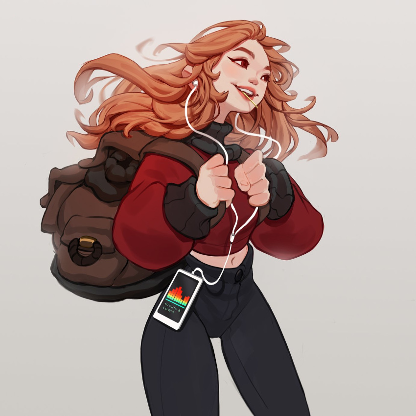 1girl backpack bag black_pants black_sweater cable cellphone commentary earphones earphones english_commentary highres ilse_harting lips lipstick listening_to_music long_hair makeup messy_hair midriff mouth_hold multicolored_sweater navel nose orange_hair original pants phone red_eyes red_sweater ribbed_sweater smartphone solo standing straw_(stalk) sweater thick_eyebrows turtleneck turtleneck_sweater yoga_pants