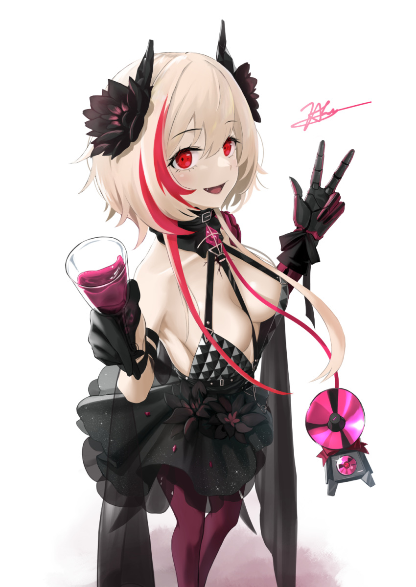 1girl black_dress black_gloves blonde_hair blush breasts chaciooh cup dinergate_(girls_frontline) dress dress_flower drinking_glass eyebrows_visible_through_hair flower girls_frontline glass gloves hair_flower hair_ornament highres holding holding_cup looking_at_viewer m4_sopmod_ii_(girls_frontline) mechanical_arm medium_breasts medium_hair multicolored_hair open_mouth pantyhose red_eyes red_legwear solo v white_background wine_glass