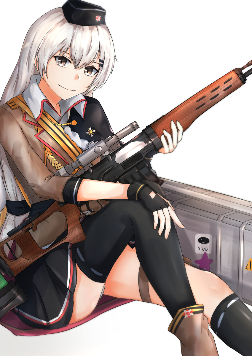 1girl absurdres assault_rifle black_gloves black_headwear black_legwear black_skirt boots brown_footwear brown_jacket character_name dragunov_svd eyebrows_visible_through_hair fingerless_gloves girls_frontline gloves grey_eyes grey_hair gun hand_on_own_knee hand_on_weapon hat highres holding holding_weapon huge_filesize jacket long_hair looking_at_viewer military military_hat military_uniform muteppona_hito rifle shirt silver_hair sitting sitting_on_floor skirt smile sniper_rifle solo svd_(girls_frontline) thigh-highs uniform weapon weapon_case white_background white_shirt