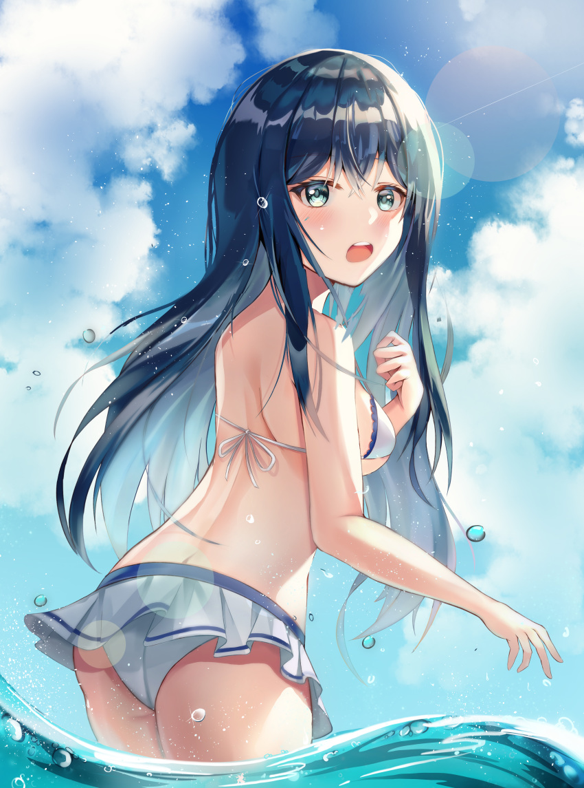 1girl absurdres bangs bare_arms bare_shoulders bikini bikini_skirt blue_hair blue_sky blush clouds cloudy_sky colored_inner_hair commentary_request cowboy_shot day frilled_bikini frills from_side green_eyes highres light_blue_hair long_hair looking_at_viewer multicolored_hair open_mouth original sky solo splashing summer swimsuit tobi_(user45255077) upper_teeth wading water white_bikini