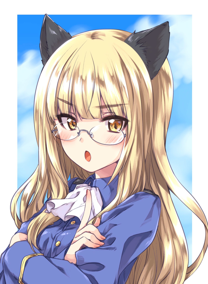 1girl animal_ears ascot blonde_hair blue_jacket blue_sky cat_ears clouds cloudy_sky collared_jacket crossed_arms eyebrows_visible_through_hair frown glasses highres index_finger_raised jacket kuroi_mimei light_blush long_hair long_sleeves looking_at_viewer military military_uniform outside_border perrine_h_clostermann sky solo strike_witches uniform white_neckwear world_witches_series yellow_eyes