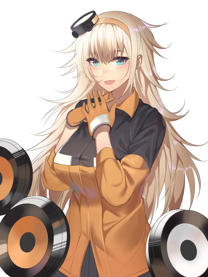 1girl absurdres aqua_eyes blonde_hair blush breasts eyebrows_visible_through_hair girls_frontline gloves hair_ornament henz highres holding_hands large_breasts long_hair looking_at_viewer multicolored_shirt open_mouth orange_gloves s.a.t.8_(girls_frontline) shirt solo white_background