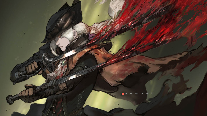 1girl artist_name ascot black_coat black_headwear blood bloodborne bloody_clothes bloody_weapon blue_eyes brooch brown_gloves capelet closed_mouth coat david_semsei dual_wielding english_commentary gloves green_background hands_up hat hat_feather holding holding_sword holding_weapon jewelry lady_maria_of_the_astral_clocktower long_coat long_hair long_sleeves looking_away low_ponytail ponytail rakuyo_(bloodborne) red_capelet solo sword the_old_hunters tricorne upper_body watermark weapon white_hair white_neckwear