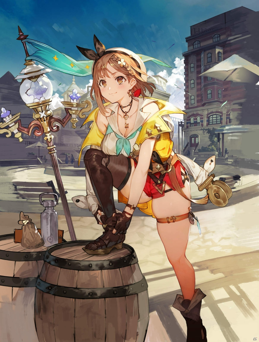 1girl asymmetrical_legwear atelier_(series) atelier_ryza atelier_ryza_2 barrel blue_sky boots bottle brown_eyes brown_hair clouds hair_ornament hat high_heels highres holding holding_staff jewelry long_sleeves looking_at_viewer neckerchief necklace official_art open_mouth red_shorts reisalin_stout sandals short_shorts shorts single_thighhigh skindentation sky solo staff thick_thighs thigh-highs thigh_strap thighs toridamono village water_bottle
