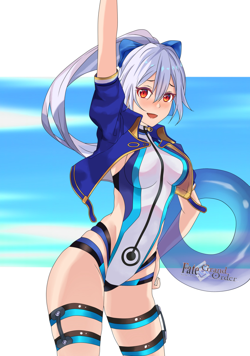 1girl absurdres arm_up bangs blue_bow blue_jacket blue_swimsuit blush bow breasts fate/grand_order fate_(series) hair_between_eyes hair_bow highleg highleg_swimsuit highres innertube jacket large_breasts long_hair looking_at_viewer maxwelzy one-piece_swimsuit open_mouth ponytail red_eyes short_sleeves silver_hair smile swimsuit thigh_strap thighs tomoe_gozen_(fate/grand_order) tomoe_gozen_(swimsuit_saber)_(fate) two-tone_swimsuit white_swimsuit