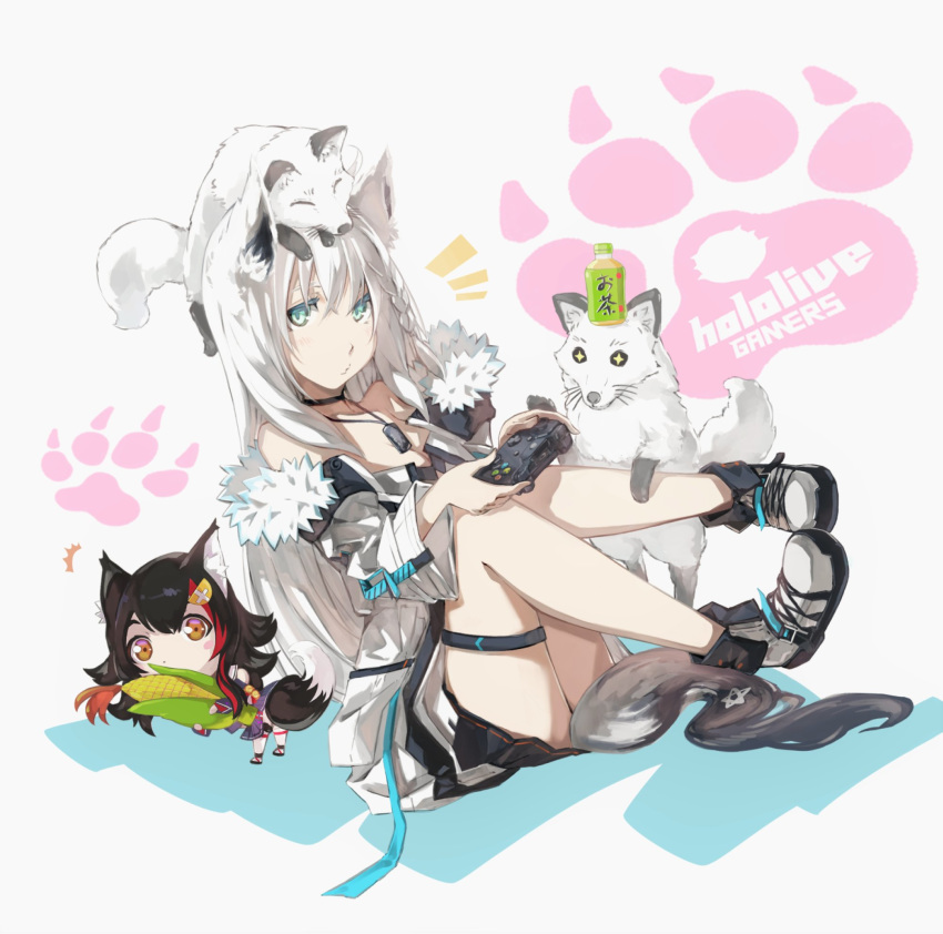 +_+ /\/\/\ 2girls animal_ears bangs bare_shoulders black_choker black_hair boots braid chibi choker commentary_request controller corn cup disposable_cup dog_tags eyebrows_visible_through_hair food fox fox_ears fox_girl fox_on_head fox_tail fur-trimmed_jacket fur_trim game_controller green_eyes hair_between_eyes hair_ornament hairclip highres holding holding_controller holding_food holding_game_controller hololive hololive_gamers jacket legs_up long_hair looking_at_viewer multiple_girls notice_lines ookami_mio open_clothes open_jacket orange_eyes paw_print pentagram playstation_controller redhead satorine shirakami_fubuki sidelocks simple_background single_braid sitting tail thigh_strap virtual_youtuber white_background white_hair white_jacket wolf_ears wolf_girl wolf_tail