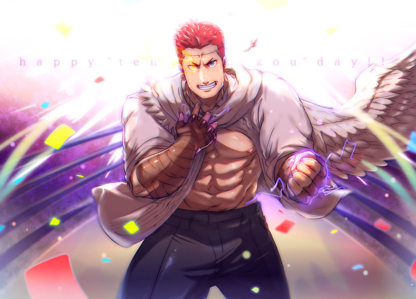 1boy abs bara blue_eyes chest confetti flaming_eye heterochromia highres lightning male_focus muscle navel nipples pants pectorals pollux_(tokyo_houkago_summoners) redhead scarf short_hair single_wing smirk solo suku thick_thighs thighs upper_body wings yellow_eyes