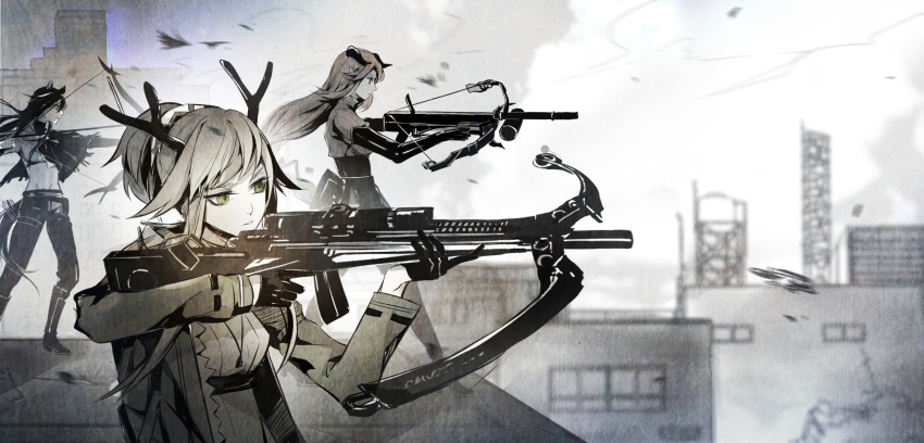 3girls 3leno3 animal_ears antlers arknights bangs bird black_gloves bow_(weapon) building city crop_top crossbow elbow_gloves firewatch_(arknights) full_body gloves green_eyes hairband highres holding holding_weapon horns horse_ears jacket long_hair meteor_(arknights) meteorite_(arknights) midriff multiple_girls navel open_clothes outdoors pointy_ears reindeer_antlers shirt skirt standing sweater tail turtleneck turtleneck_sweater weapon